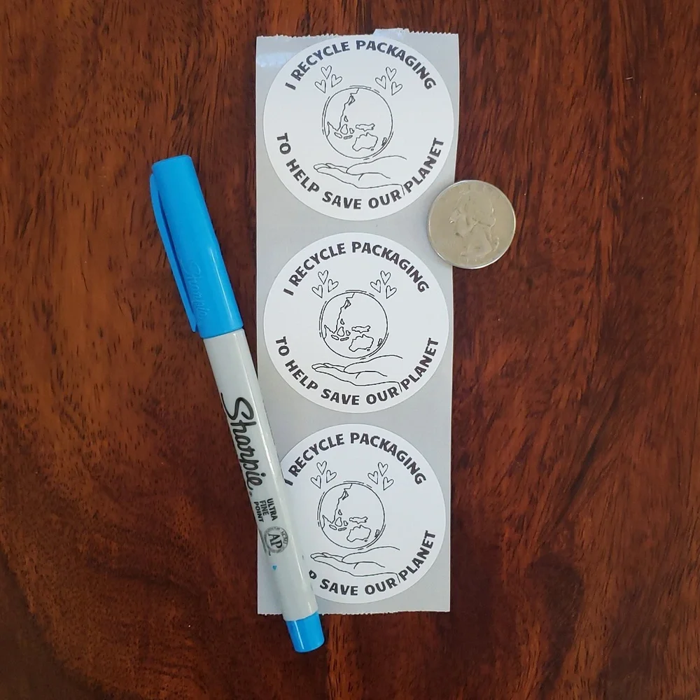 3/$15 50 RECYCLE PACKAGING STICKERS LARGE ROUND TWO INCH BLUE GREEN WHITE
